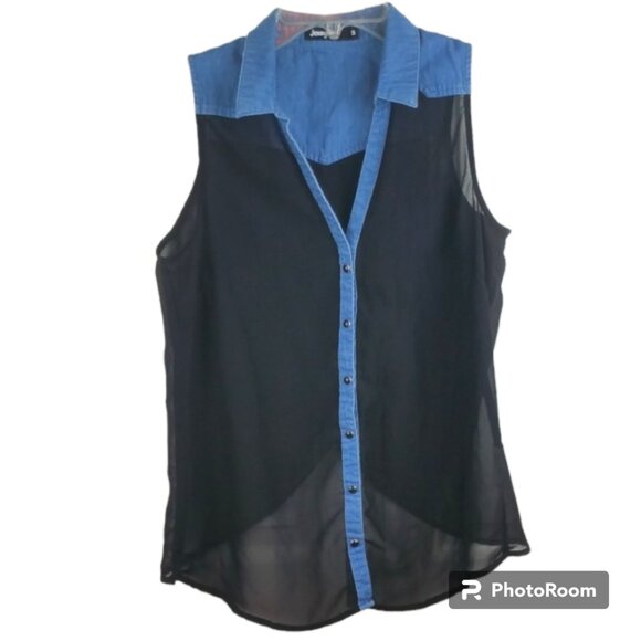 Jennyfer Black Shear Chiffon and Blue Denim Sleeveless Fly Away Snap V-Neck Top - Picture 1 of 9